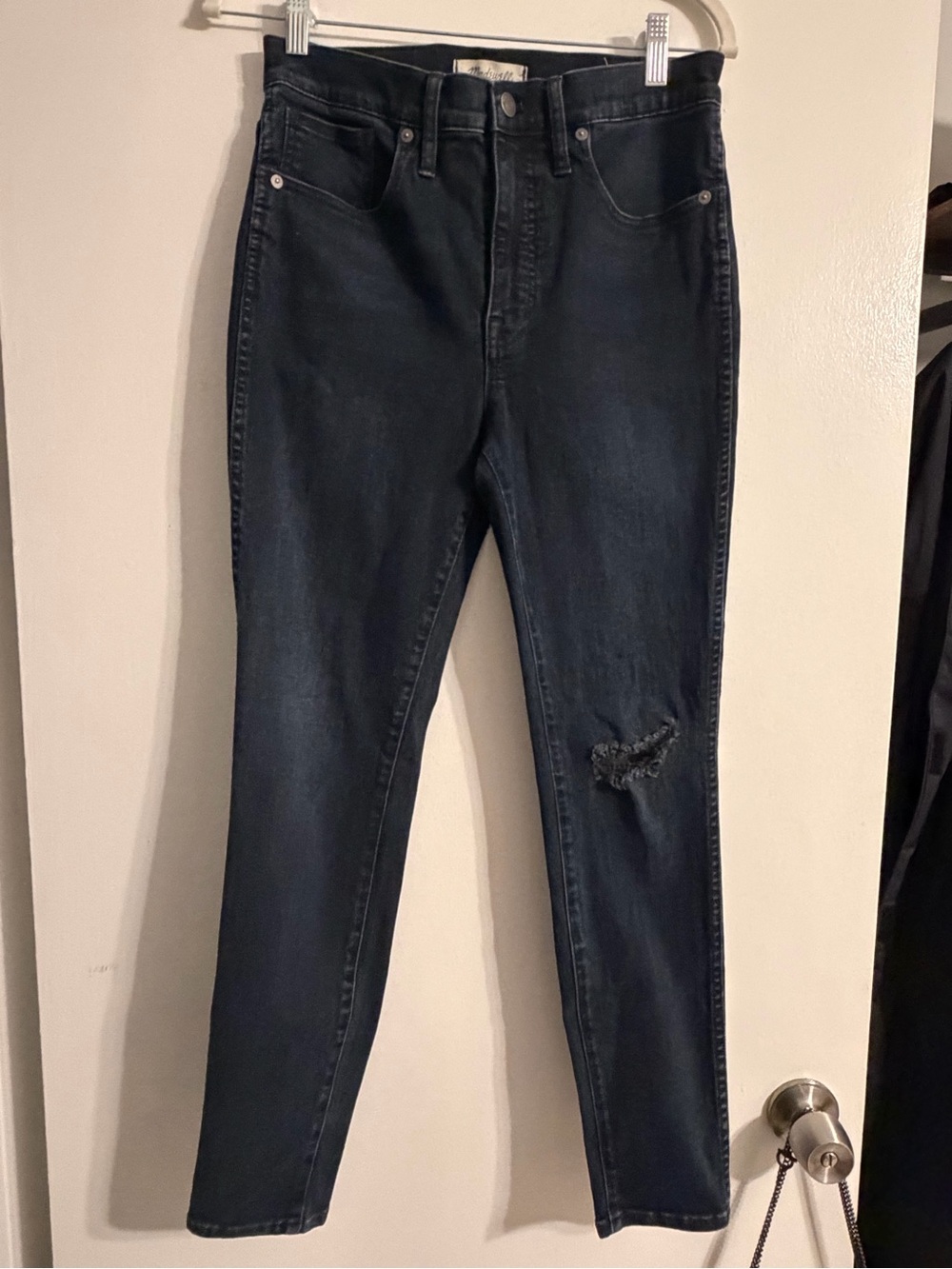 Madewell Dark Wash High-Rise Skinny Jeans with Knee Distress